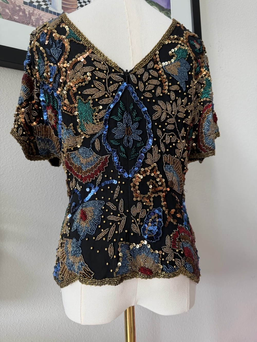 INCREDIBLE Vintage 80s Black Tie 100% Silk Fully Beaded Statement Top Sz Medium - Picture 5 of 11